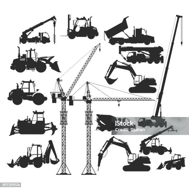 Silhouettes De Véhicules De Construction Vecteurs libres de droits et plus d'images vectorielles de Vectoriel - Vectoriel, Pelleteuse, Silhouette - Contre-jour