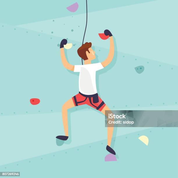 Climbing Wall Guy Is Climbing The Wall Flat Design Vector Illustration Stock Illustration - Download Image Now