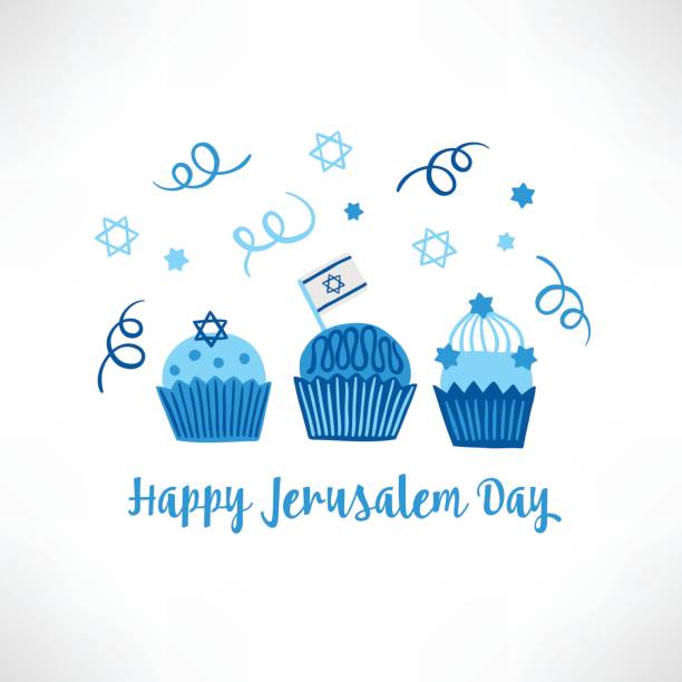 jerusalem-tag grußkarte mit muffins, israel flagge, judensterne - israel judaism israeli flag flag stock-grafiken, -clipart, -cartoons und -symbole