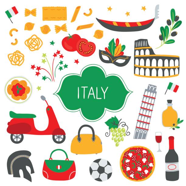 ilustraciones, imágenes clip art, dibujos animados e iconos de stock de colección de elementos de diseño italiano - italian culture rome europe cartoon