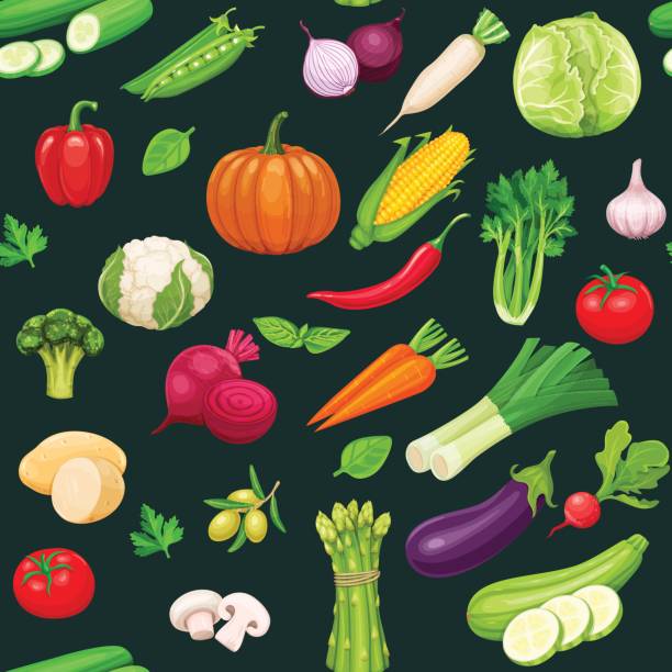 Vegetables seamless pattern Vegetables seamless pattern black. Healthy food vector background. lunch borders stock illustrations