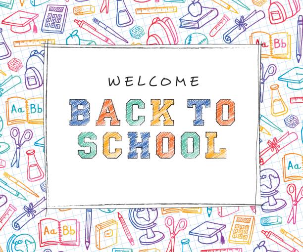 вернуться в школу фон с иконами искусства линии - back to school education school backgrounds stock illustrations