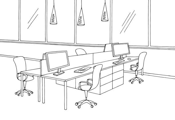 ilustraciones, imágenes clip art, dibujos animados e iconos de stock de gráfica interior blanco negro oficina sketch vector ilustración - outline desk computer office