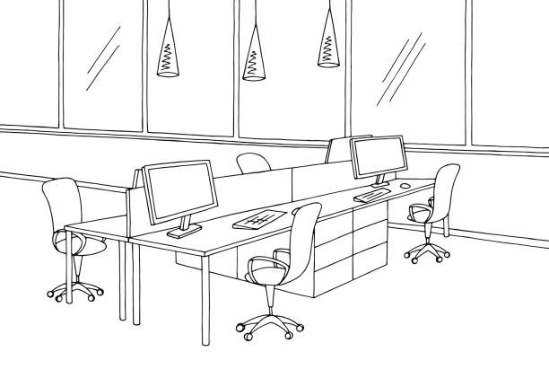офисный графический черный белый вектор иллюстрации интерьера - outline desk computer office stock illustrations