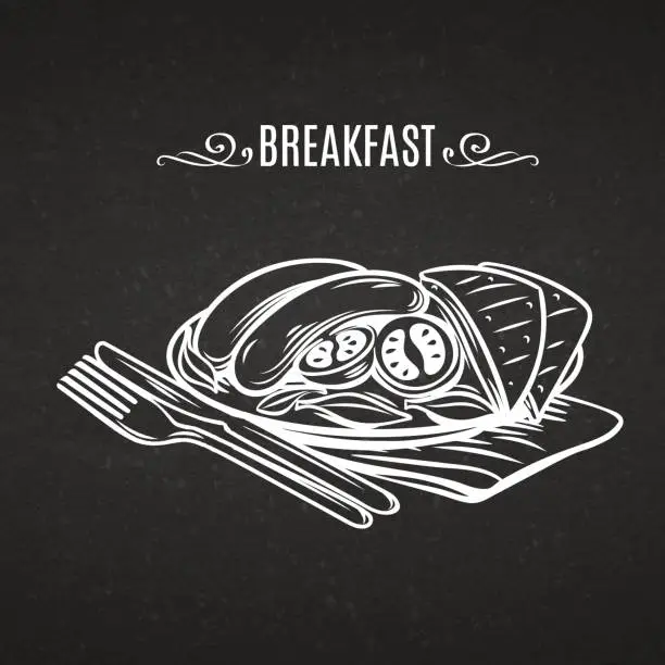 Vector illustration of Hand draw icon in old chalk board style Breakfast