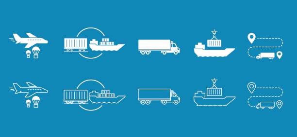 Set of icons Transported Shipping delivery transportation Set of icons Transported Shipping delivery transportation logistics. White lines with text on a blue background. Vector barge stock illustrations