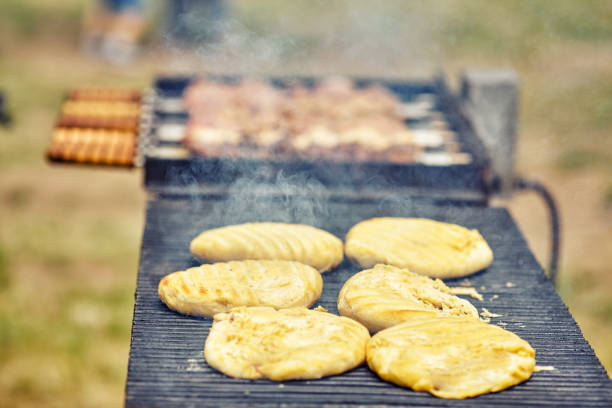 Assorted delicious grilled meat with vegetable over the coals on a barbecue
