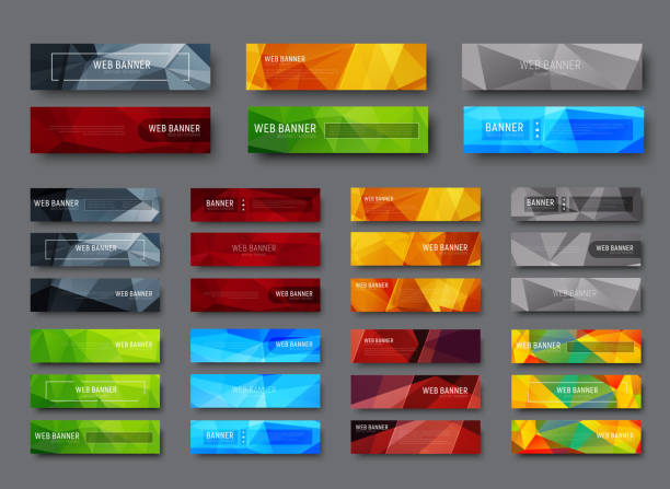 Set of horizontal web banners with multicolored polygonal abstract background Set of horizontal web banners with multicolored polygonal abstract background. A template with a button and various geometric shapes for text, geometric web banner stock illustrations