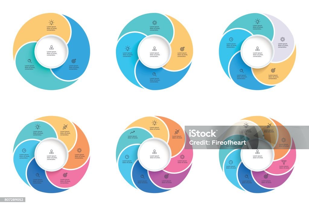 Infografías negocios. Gráficos con 3, 4, 5, 6, 7, 8 pasos, opciones. Plantillas de la infografía del vector. - arte vectorial de Diagrama circular libre de derechos