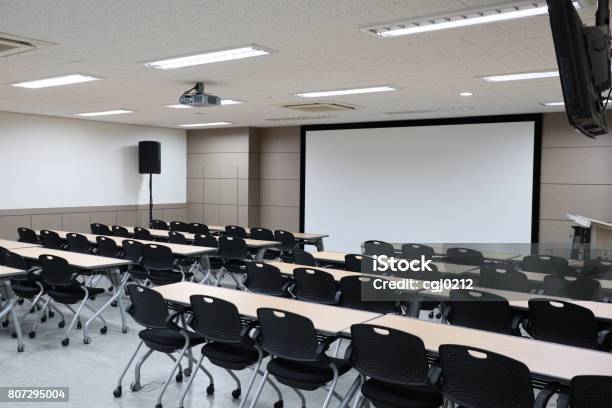 Lecture Hall Empty University Classroom With Two Blocks Of Chairs Stock Photo - Download Image Now