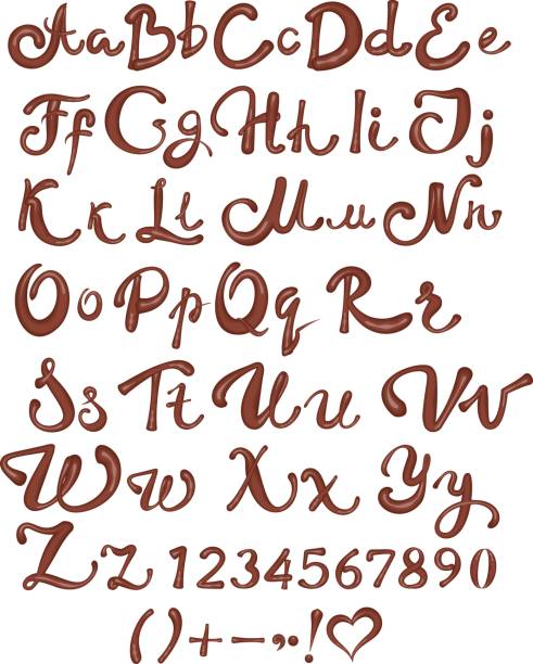 шоколадный английский алфавит. коричневые рукописные буквы и цифры на белом фоне - dessert sweet food brown chocolate stock illustrations