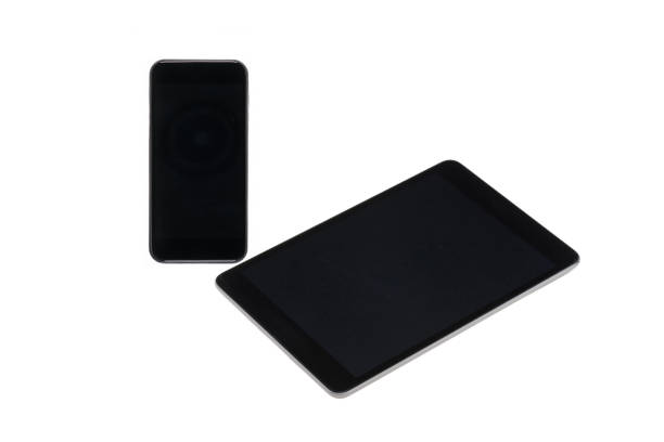 arranged digital tablet and smartphone with blank screens isolated on white