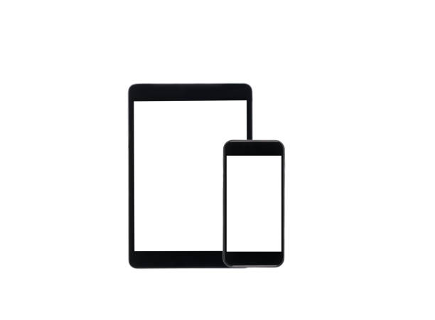 arranged digital tablet and smartphone with blank screens isolated on white