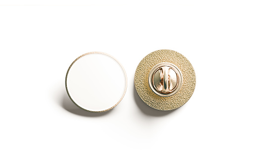 Blank white round gold lapel badge mock up, front and back side view, 3d rendering. Empty hard enamel pin mockup. Metal clasp-pin design template. Expensive curcular brooch for logo presentation