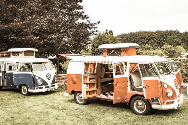 Vintage motor home on white background with holiday luggage on top