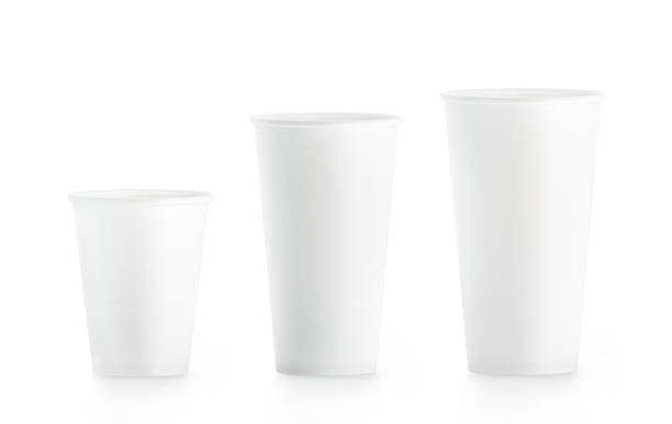 Blank white disposable paper cup mock ups isplated Blank white disposable paper cup mock ups isplated, 3d rendering. Empty polystyrene coffee drinking mug mockup front view. Clear plain tea take away plastic package, cofe shop branding template. mock turtleneck stock pictures, royalty-free photos & images