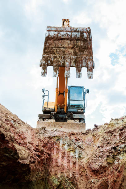 istock The excavator lifted the bucket. Bottom view. 807319344