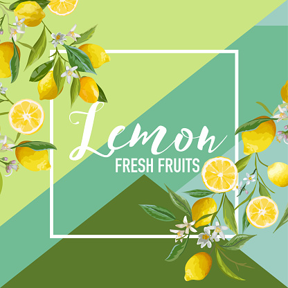 Tropical Lemon Fruits and Flowers Summer Banner, Graphic Background, Exotic Floral Invitation, Flyer or Card. Modern Front Page in Vector