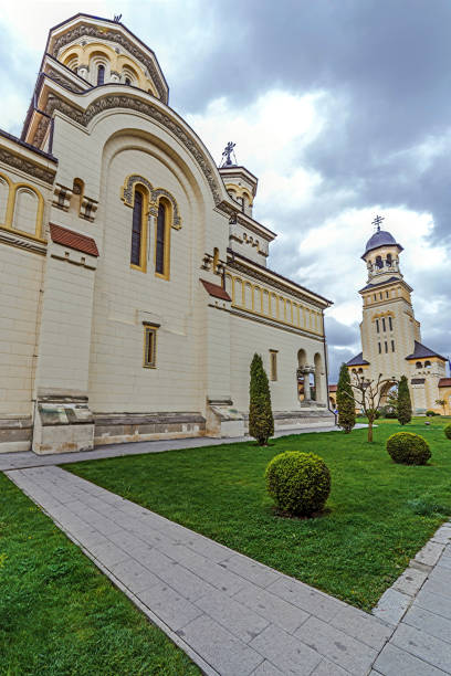 Fish eye view with Coronation (Reunification) Cathedral and Bell tower from Alba Iulia city, Transylvania, Romania.