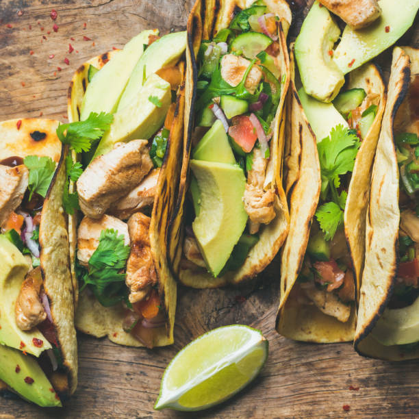 istock Tacos with chicken, avocado, fresh salsa and limes, square crop 807340970