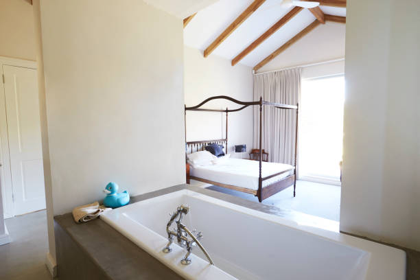 istock Interior Of Contemporary Open Plan Bedroom With Bath 807343214