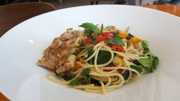 istock Black pepper chicken breast meat with spaghetti 807368618