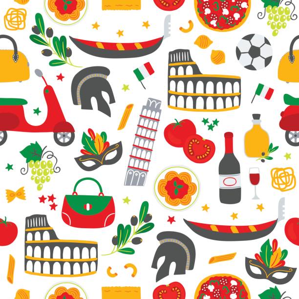 ilustraciones, imágenes clip art, dibujos animados e iconos de stock de patrón sin fisuras con bandera italiana, pasta, tomate, olivo, góndola - tuscany backgrounds italy textured