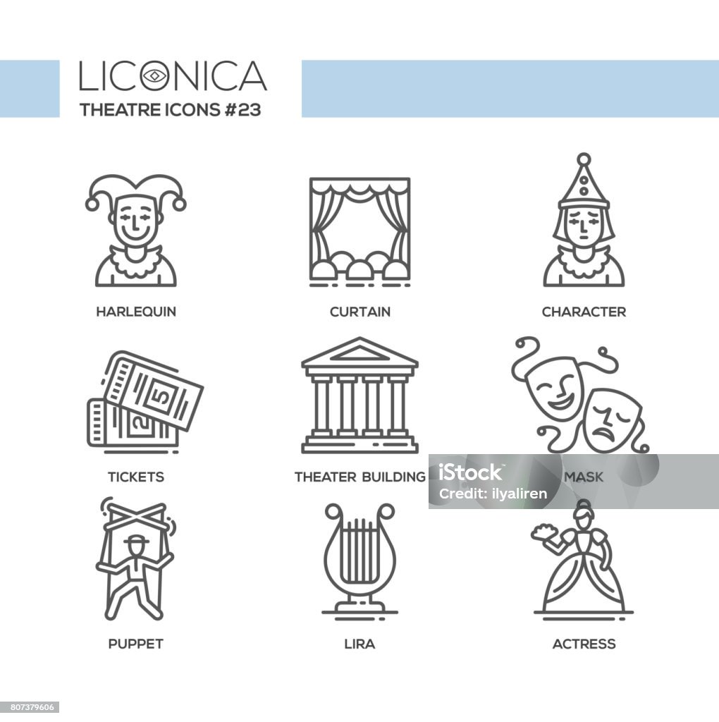 Theater- modern color vector single line design icons set Theater- modern color vector single line design icons set. Harlequin, curtain, character, ticket, building, tragedy, comedy mask, puppet, lira, actress Icon Symbol stock vector