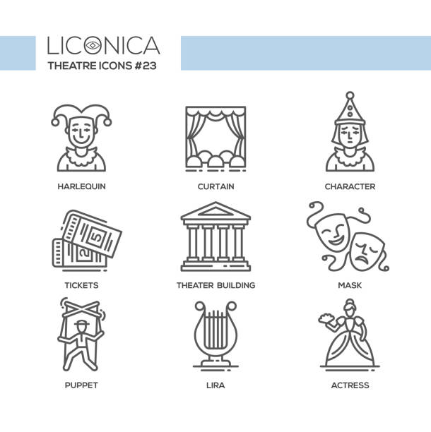 Theater- modern color vector single line design icons set Theater- modern color vector single line design icons set. Harlequin, curtain, character, ticket, building, tragedy, comedy mask, puppet, lira, actress Marionette stock illustrations