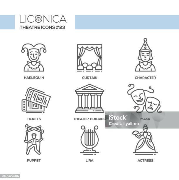 Theater Modern Color Vector Single Line Design Icons Set Stock Illustration - Download Image Now