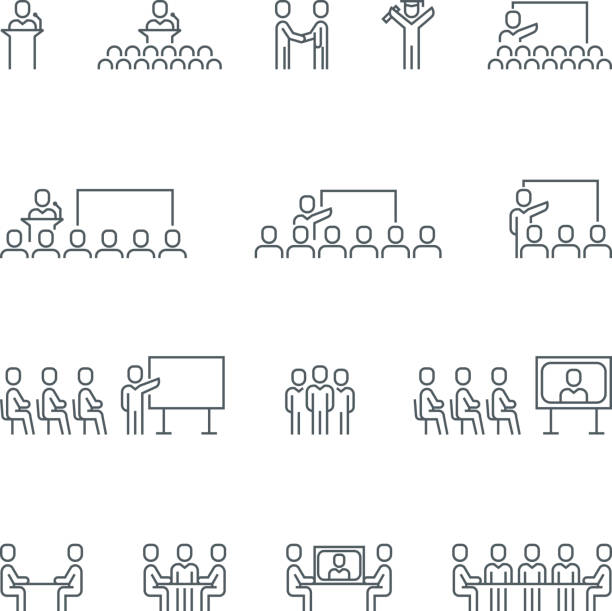 Business Line Icon Set Business people meeting, presentation, conference and human resources related line icon collection. Vector illustration set. conference table stock illustrations