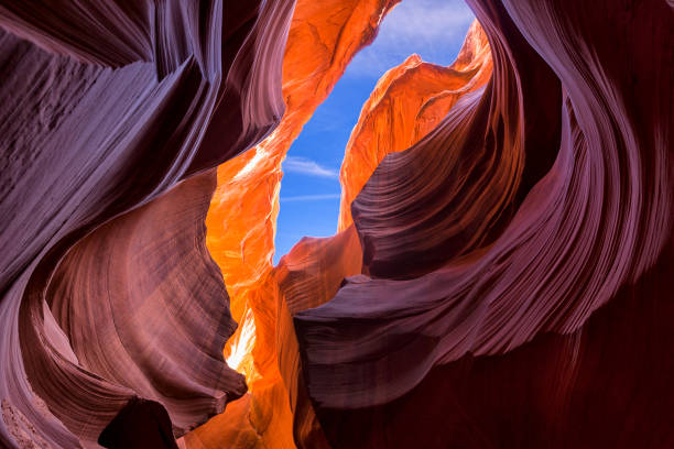 Beautiful view of amazing sandstone formations in famous Lower Antelope Canyon near the historic town of Page at Lake Powell, American Southwest, Arizona, USA Beautiful wide angle view of amazing sandstone formations in famous Lower Antelope Canyon near the historic town of Page at Lake Powell, American Southwest, Arizona, USA natural landmark photos stock pictures, royalty-free photos & images