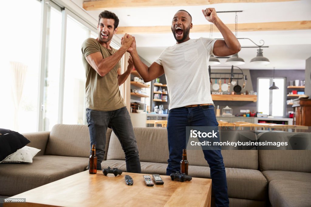 Two Excited Male Friends Celebrate Watching Sports On Television Television Set Stock Photo