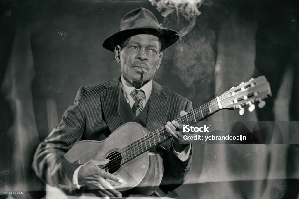 Wet plate look like photo of vintage african american jazz musician. Retro Style Stock Photo