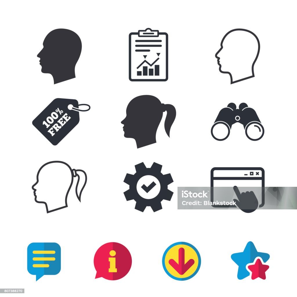Head icons. Male and female human symbols. Head icons. Male and female human symbols. Woman with pigtail signs. Browser window, Report and Service signs. Binoculars, Information and Download icons. Stars and Chat. Vector Adult stock vector