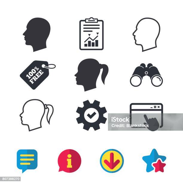 Head Icons Male And Female Human Symbols Stock Illustration - Download Image Now - Adult, Badge, Binoculars