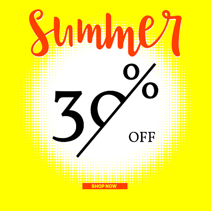 Summer sale poster with thirty percent discount on sunny backdrop. Halftone white sun background. Big button Shop Now for on-line shops. Simple template for your business.