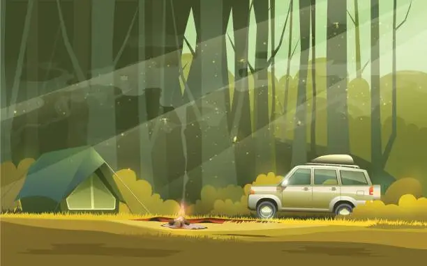 Vector illustration of Camp and car in forest