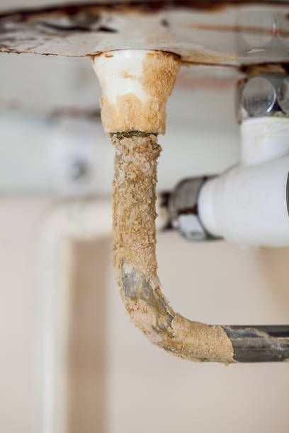 istock Heavy limescale deposit on a rusty hot water system pipe. Bad plumbing problem cause by hard water leaking. 807395364