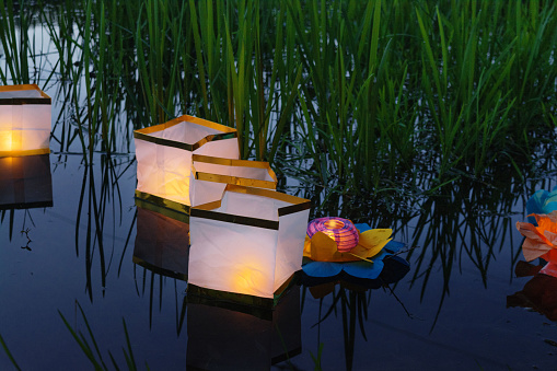 Water burning yellow lanterns on the lake amid tall green grass