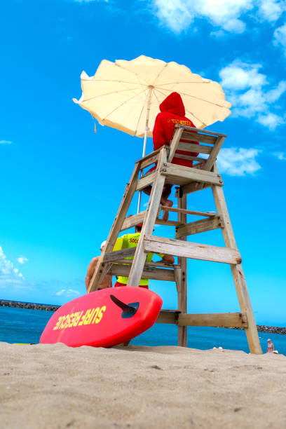 Lifeguard lookout tower on beach on Playa de las Américas , tenerife Playa de las Américas , Tenerife, Canary Islands - May 13, 2015: View of the Lifeguard lookout tower on beach on Playa de las Américas , Tenerife.  lookout tower stock pictures, royalty-free photos & images