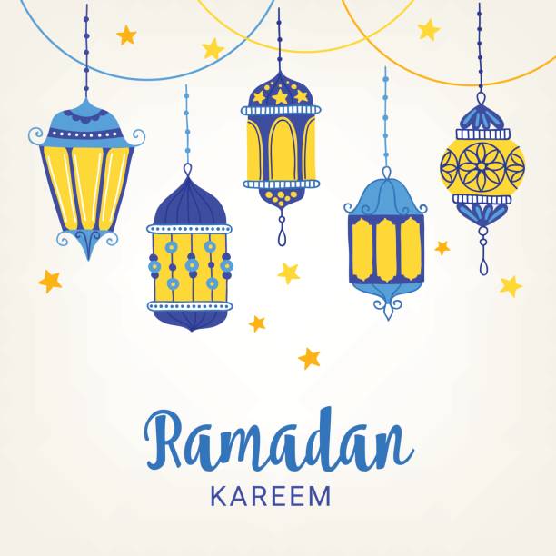 ilustrações, clipart, desenhos animados e ícones de cartão de ramadã com lanternas, guirlandas e estrelas - 2281