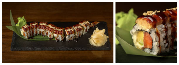 나무 테이블에 소스와 야채 초밥. 클로즈업 - sashimi sushi salad sea 뉴스 사진 이미지
