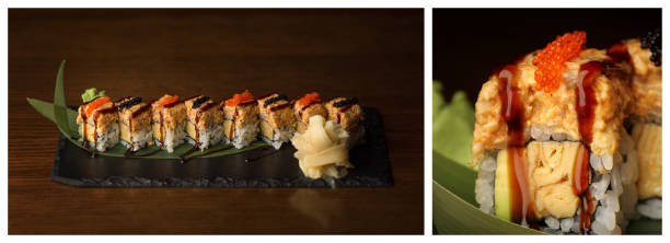 간장 소스와 함께 초밥입니다. 클로즈업 - sashimi sushi salad sea 뉴스 사진 이미지