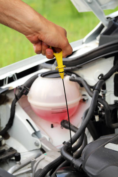 istock checking oil level in a car, male hand with dipstick 807420330