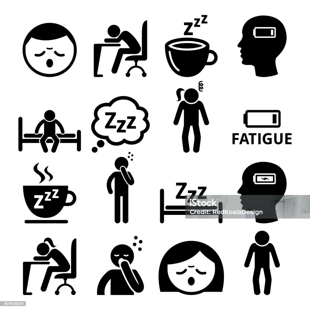 Fatigue icons, tired, sleepy man and woman vector design Run-down, sick people icons set isolated on white Icon Symbol stock vector