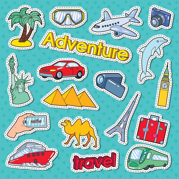 ilustraciones, imágenes clip art, dibujos animados e iconos de stock de tiempo de viaje aventura doodle. calcomanías, insignias - flying vacations doodle symbol