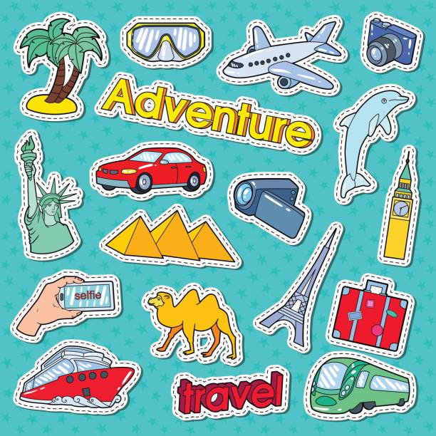 время путешествовать приключения doodle. наклейки, значки - flying vacations doodle symbol stock illustrations