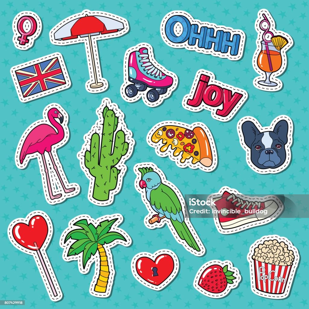 Teenager Fashion Lifestyle Stickers, Badges Teenager Fashion Lifestyle Stickers, Badges and Patches with Cute Dog, Tropical Birds and Hearts. Vector illustration Child stock vector