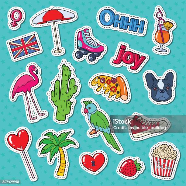 Teenager Fashion Lifestyle Stickers Badges Stock Illustration - Download Image Now - Child, Party - Social Event, Pizza